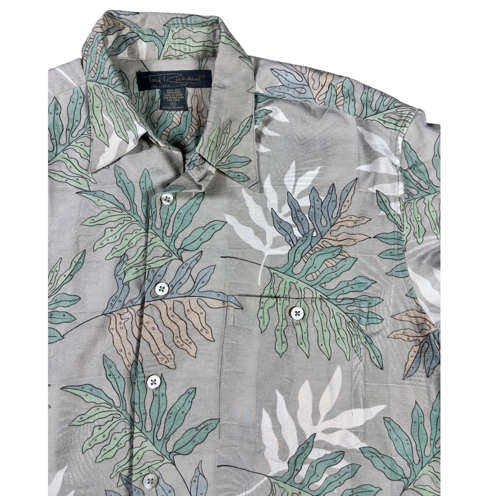 Tori Richard Honolulu Mens Medium Silk Tropical Leaf Print Camp Shirt Grey